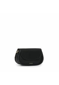 Borsa a tracolla in pelle nera con dettaglio laterale intrecciato e accessori in tono oro. Presenta una chiusura a patta e una silhouette arrotondata.