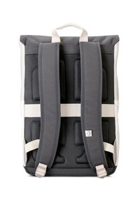 Gray backpack with padded mesh back, adjustable straps, and a top handle. Features white accents and a small logo on the side.
