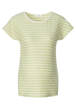 Jasnozielona koszulka z krótkim rękawem z białymi poziomymi paskami i okrągłym dekoltem, rozmiar mały, metka marki "noppies."