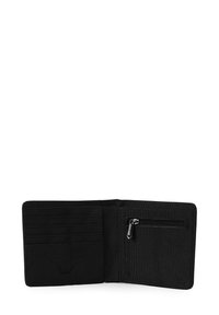 Black wallet with multiple card slots, zippered compartment, and fabric texture. Minimalist design, open view, no visible branding.