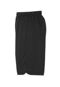 Zwarte sportshorts met een elastische tailleband, met een platte voorkant, zijzak en een gladde textuur. Ontwerp met een lengte tot halverwege het dijbeen.