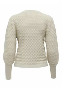 Beżowy sweter o textured wzorze, z wzorzystym korpusem, ściągaczami na rękawach i kołnierzu. Posiada ballonowe rękawy oraz dopasowany krój w talii.