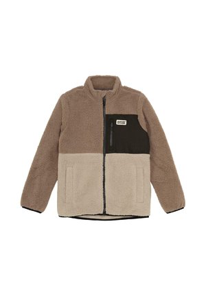 Felpa con zip e colletto alto, con blocchi di colore marrone e beige, e taschino nero sul petto etichettato "Color Kids."