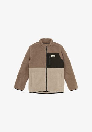 Zip-up fleece jacket with high collar, brown and beige color blocks, and black chest pocket labeled "Color Kids."