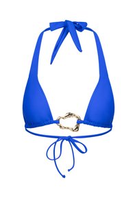 Blauwe bikini top met driehoek cups, verstelbare strikken en een glanzend gouden hardware accent in het midden. Glad, rekbaar materiaal.