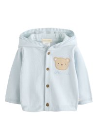 Cardigan per bambini azzurro chiaro lavorato a maglia con cappuccio, decorato con ricamo di un orso sul petto, chiusura con bottoni e polsini e orlo a coste.