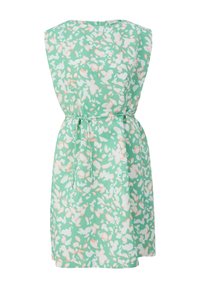 Abito a maniche corte, sopra il ginocchio, di colore verde menta con un motivo floreale in bianco e rosa tenue. Presenta un dettaglio in vita con legaccio.