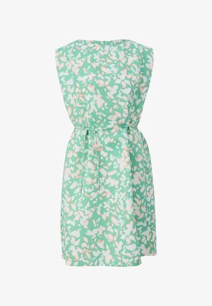 Lühikeste varrukatega, põlvekõrgune kleit mündirohelises värvitoonis, millel on valged ja pehmed roosad lillemustrid. Omab sidumisdetaili vöökohtadel.