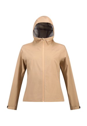 Helle beigefarbene Regenjacke mit Kapuze, Frontreißverschluss und langen Ärmeln. Hat eine glatte Textur und ein minimalistisches Design.