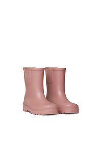 Bottes de pluie en caoutchouc de couleur rose doux, avec une finition lisse, un embout arrondi, une hauteur courte et une semelle texturée pour l'adhérence. Aucun matériel ou accent visible.