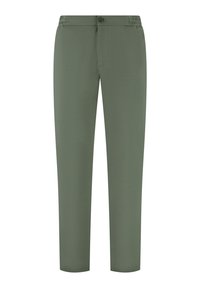 Pantaloni verzi dintr-un material neted, cu întreținere cu nasture și talie elastică, având un design drept și fără modele vizibile.