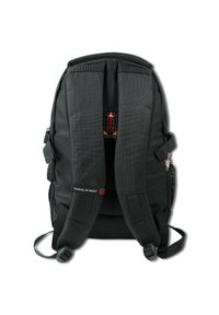 Zwarte rugzak met een gevoerde mesh achterkant en verstelbare schouderbanden. Voorzien van merkaccenten en zijvakken. Duurzame stof met een soepele textuur.