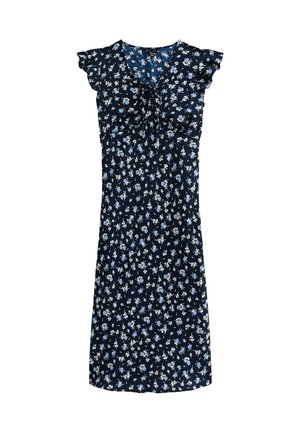 Navy dress with short ruffled sleeves, featuring a floral pattern in light blue and white. Lightweight fabric, knee-length, with a tied neckline.