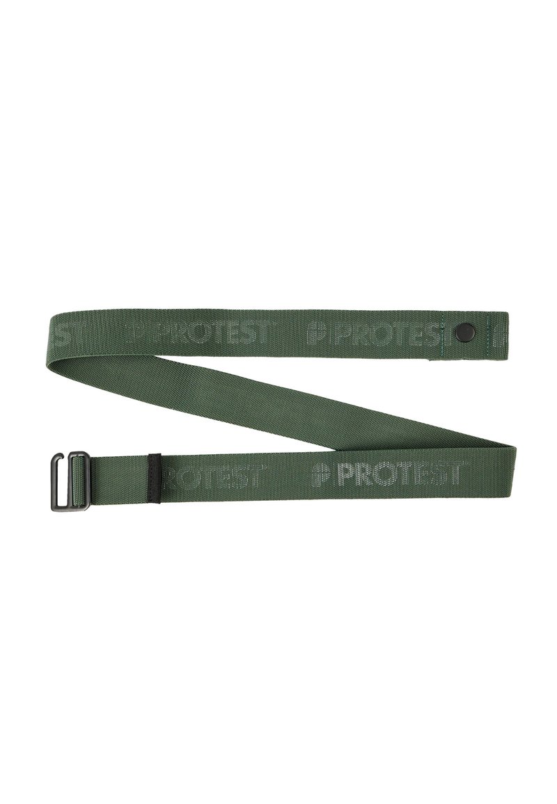 Zielony pasek wykonany z plecionego materiału, z metalową klamrą i zapięciem na guzik. Nazwa marki "PROTEST" subtelnie wydrukowana wzdłuż paska.