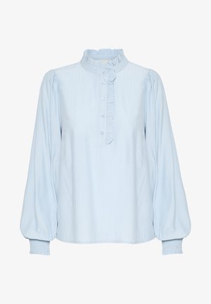 Light blue blouse with a high ruffled neckline, button placket, and long puff sleeves. Made of soft fabric with subtle vertical stripes.