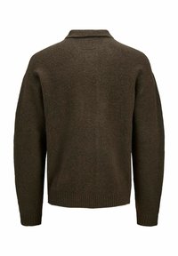 Dark brown long-sleeve knit sweater with ribbed cuffs and hem, shown from the back on a white background.