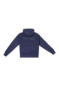 Navy blue hoodie made of soft fabric with a kangaroo pocket, ribbed cuffs, and a hood. "DROPSIZE" is printed in tonal text on the back.