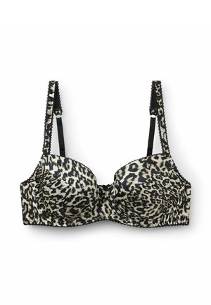 Brun leopardmønster bh med polstrede skåle, sort blonderand og justerbare stropper. Stoffet har en glat tekstur med et dristigt dyremønster.