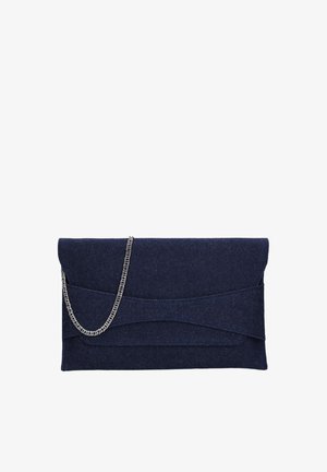 Porte-monnaie en feutre navy avec rabat, présentant un design ondulé et une chaîne en métal argenté. Texture lisse, forme structurée et accents minimalistes.