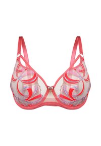 Koronkowy stanik w kolorze koralowym z kwiatowym haftem, bezszwowe miseczki, regulowane satynowe ramiączka oraz zapięcie z przodu. Przezroczysty materiał z wielokolorowymi wzorami.