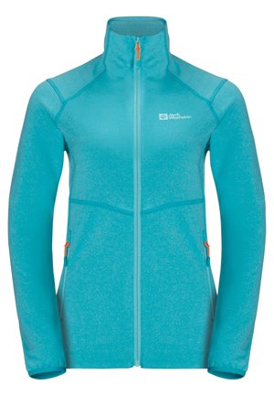 Turquoise fleecejack met volledige ritssluiting, hoge kraag, ritssluiting aan zijzakken en Jack Wolfskin-logo op de linkerborst.