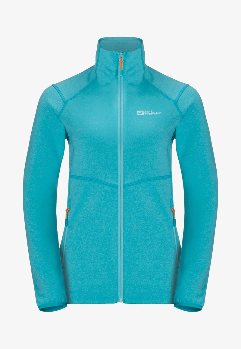 Turquoise fleecejack met volledige ritssluiting, hoge kraag, ritssluiting aan zijzakken en Jack Wolfskin-logo op de linkerborst.