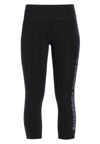 Černé capri legíny vyrobené z elastického materiálu, s vysokým pasem a vertikálním lógem "Superdry Sport" v šedé barvě na boku.