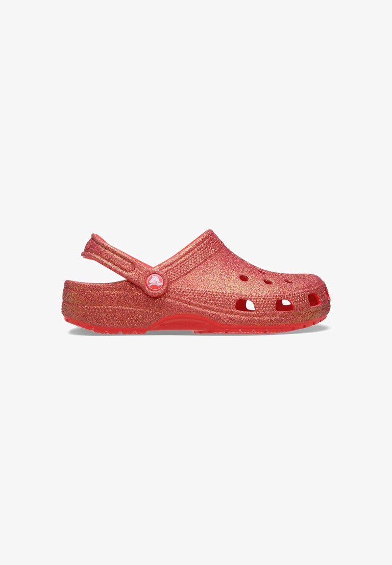 Red glittery clog made of lightweight material, featuring ventilation holes, a back strap, and a textured surface.