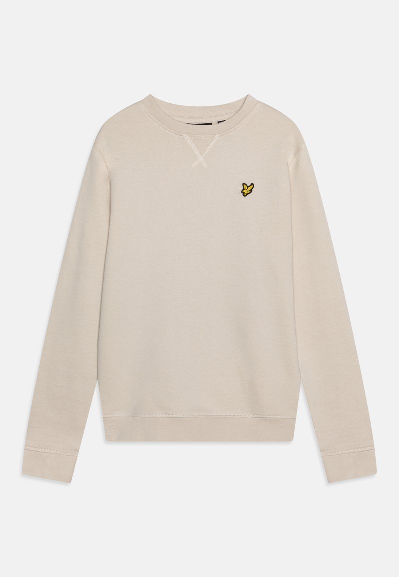 Pullover beige in tessuto morbido, con polsini e orlo a costine, decorato con un piccolo logo di un uccellino giallo ricamato sul lato sinistro del petto.