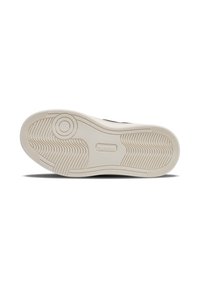 Sohle eines Sneakers mit strukturierten Mustern und einem Logo. Die Farbkombination umfasst hellbeige mit dunklen Akzenten.