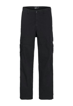 Pantalons cargos noirs en coton, avec plusieurs poches latérales, design à jambes droites et une fermeture à bouton à la taille.