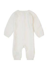 Gestrickter weißer Baby-Body mit langen Ärmeln, Rundhalsausschnitt und ohne Fußdesign, ausgestattet mit einem strukturierten Muster und gerippten Bündchen.