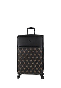 Maleta negra con ruedas, con un compartimento superior liso y una sección inferior con un diseño estampado en color marrón claro. Cuatro ruedas para facilitar el desplazamiento.