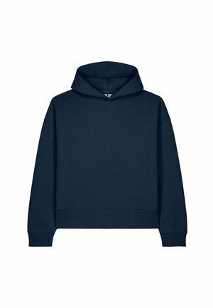 Marineblauer Kapuzenpullover mit langen Ärmeln, gerippten Bündchen und Saum, einfarbiger Vorderseite und angenähter Kapuze.