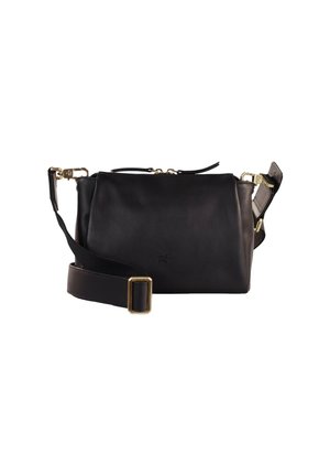 Schwarze Leder-Crossbody-Tasche mit rechteckiger Form, ausgestattet mit einem Reißverschluss, verstellbarem Tragegurt und goldenen Hardwareakzenten.