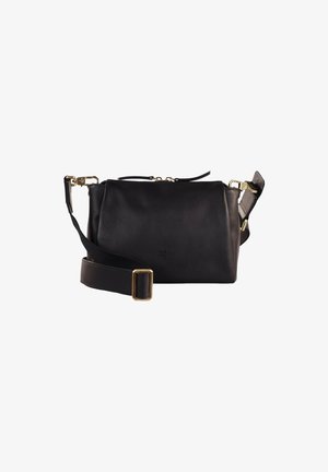 Borsa a tracolla in pelle nera con forma rettangolare, dotata di chiusura con zip, tracolla regolabile e dettagli in metallo dorato.