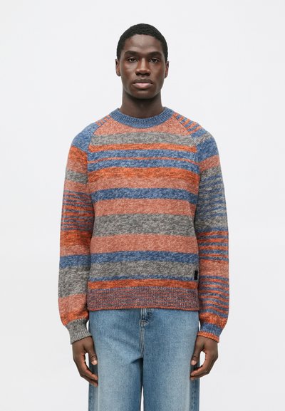 Multicolored knit sweater with horizontal stripes in orange, blue, and gray; features a round neck and ribbed cuffs.