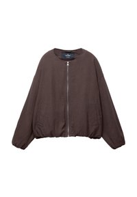 Brown bomber jacket made of textured fabric, featuring a front zip closure, wide sleeves, and two front pockets. Round neckline and elastic hem.