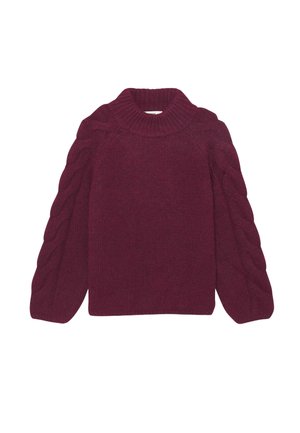 Pull en maille bourgogne avec un col montant, motif en torsades sur les manches et bords-côtes. Texture douce avec une coupe décontractée.