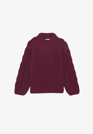 Pull en maille bourgogne avec un col montant, motif en torsades sur les manches et bords-côtes. Texture douce avec une coupe décontractée.