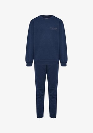 Navyblaue Jogginghose und Sweatshirt-Set aus weichem Stoff. Mit Rundhalsausschnitt, gerippten Bündchen und einem subtilen Logo auf der Brust.