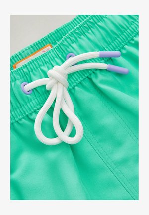 Tirkīza krāsas peldbikses ar maigu tekstūru, ar baltu auklu ar purpura krāsas galiem un savilkta elastīga jostasvieta.