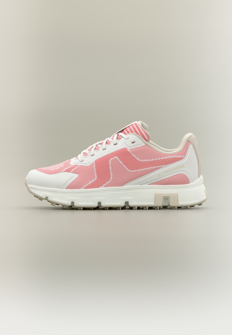 Nízky teniskový model s ružovým a bielym pleteným zvrškom, bielou podrážkou so vzorom a bielymi šnúrkami, zobrazený z vonkajšej strany na neutrálnom pozadí.