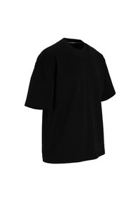Black cotton t-shirt with short sleeves, a round neck, and a relaxed fit. Features minimal design with no visible patterns or accents.