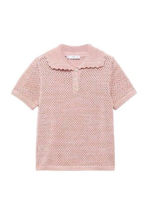 Maglione polo rosa lavorato a maglia con colletto scallop, maniche corte e placket a quattro bottoni. Texture a trama aperta in tutto il capo.