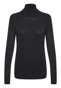 Pull à col roulé noir en tissu léger et doux. Il a des manches longues et des poignets ajustés, avec une texture lisse et un design minimal.
