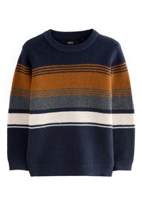 Pull en maille bleu marine avec texture côtelée, présentant des rayures horizontales en moutarde, gris et crème. Encolure ronde classique et manches longues.