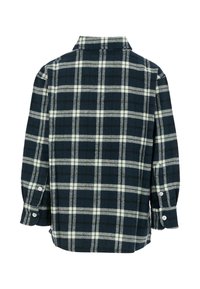 Niebiesko-biała koszula flanelowa w kratę, z długim rękawem, z guzikami przy mankietach, miękka w dotyku, z kołnierzykiem i lekko zaokrąglonym tyłem.