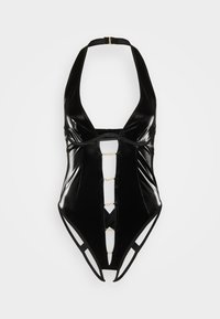 Μαύρο γυαλιστερό ολόκληρο μαγιό με V λαιμόκοψη, κομμένο μπροστινό μέρος, χρυσές αλυσίδες και ρυθμιζόμενη κορδέλα γύρω από τον λαιμό. Με υφή.