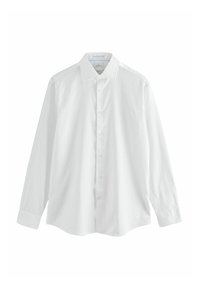 Biela bavlnená košeľa s dlhými rukávmi a zapínaním na gombíky, s rozšíreným golierom a rovný strihom, hladká textúra so subtílnym leskom.